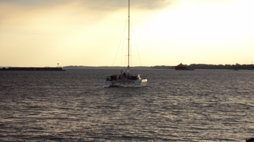 Large catamaran launching out into Lake Erie
